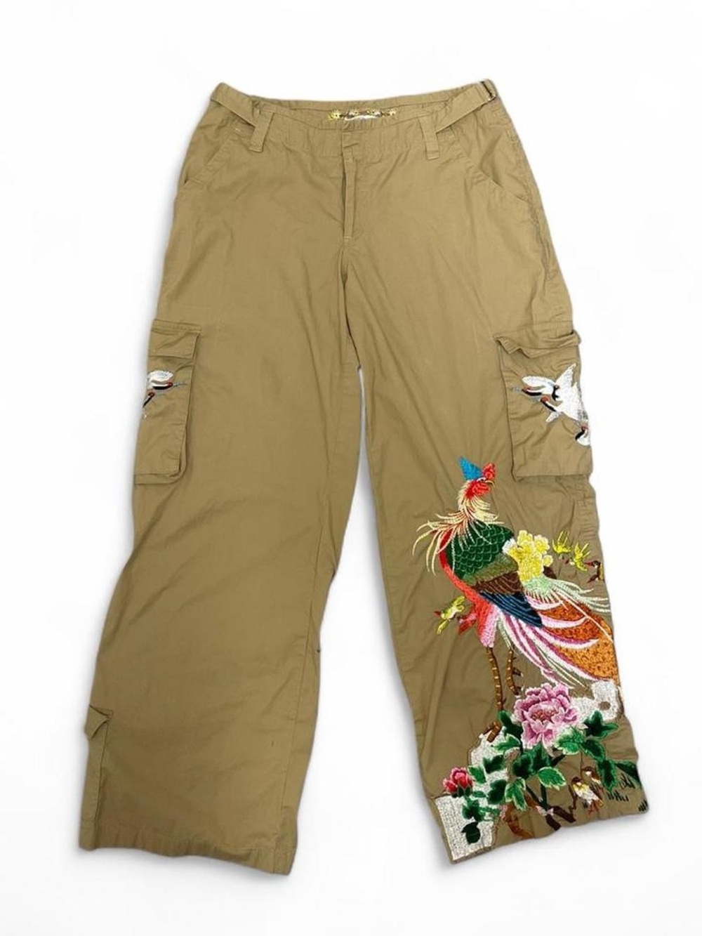 BIYA Johnny Was Embroidered Khaki Cargo Pants Bird Motif Wide Leg Boho Size 8